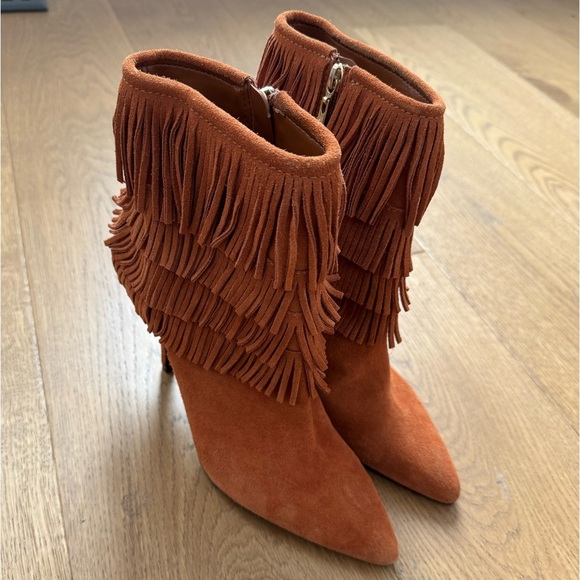 Schutz Kassia Brown Suede Fringe Ankle Boots Heeled Western Boho Boots - Size 40 - Picture 6 of 12